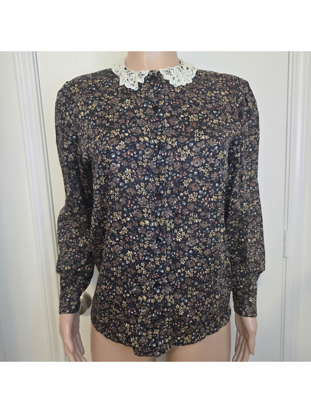 VTG Dark Feminine Floral Lace Collar Blouse Cottagecore Prairie Top Sz 10 Retro